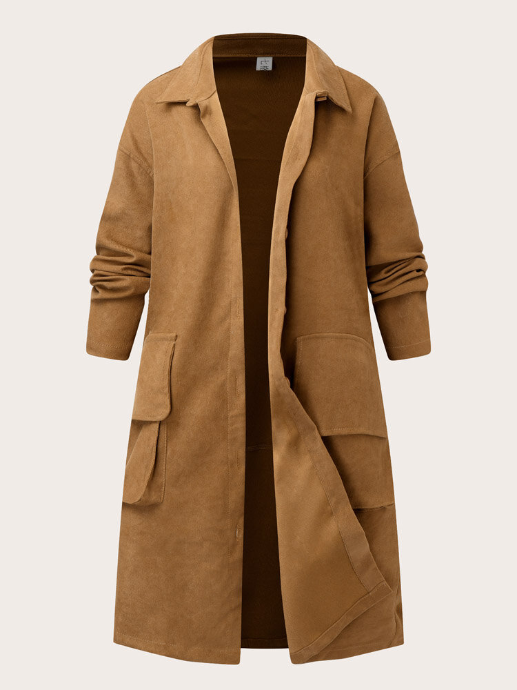 Plus Size Solid Lapel Collar Button Casual Trench Coat