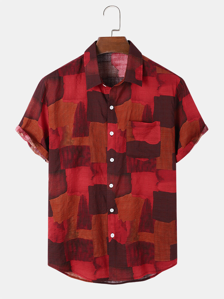 Mens Abstract Geometric Print Cotton Short Sleeve Shirts With Pocket