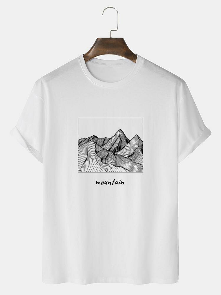 Mens Mountain Pattern Letter Print Short Sleeve 100% Cotton T-Shirt