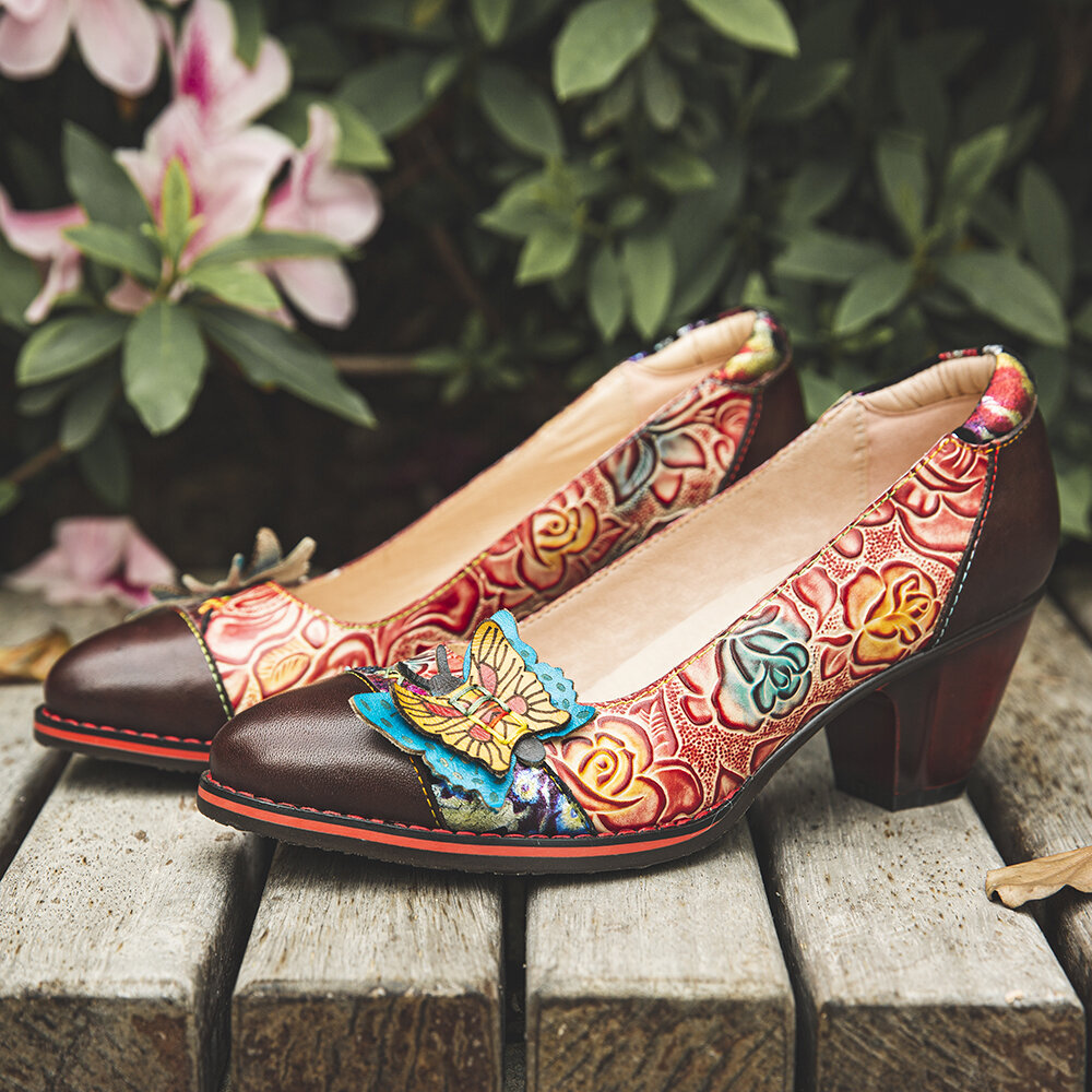 Butterfly Embossed Floral Leather Splicing Stitching Slip-on Chunky Heel Pumps