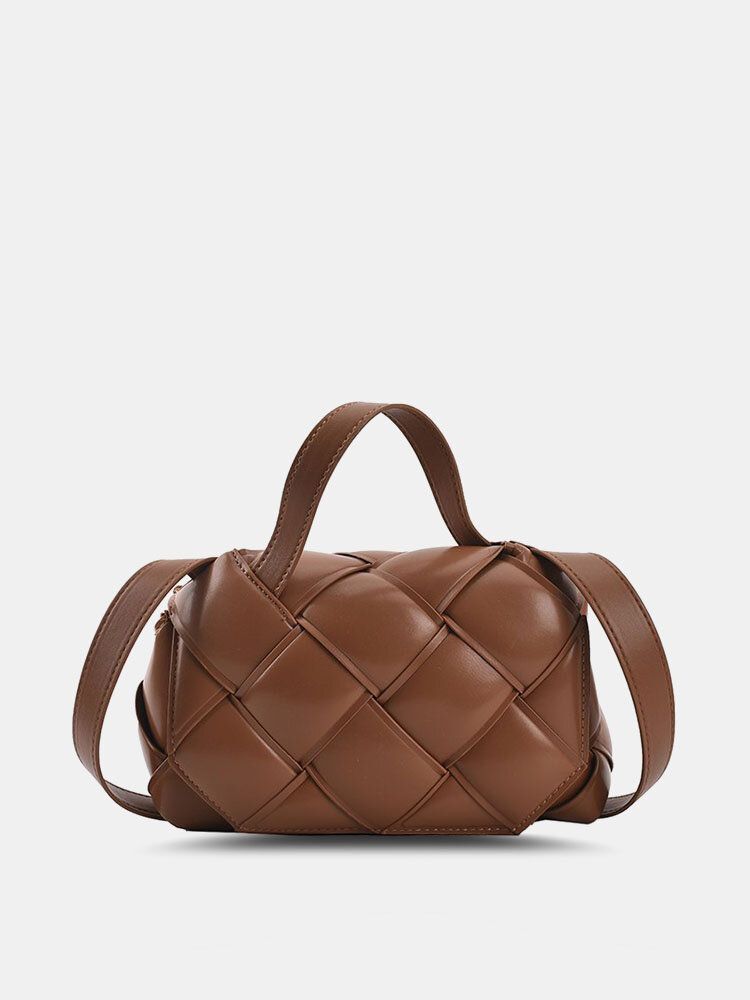Women Faux Leather Brief Weave Lattice Pattern Crossbody Bag Handbag
