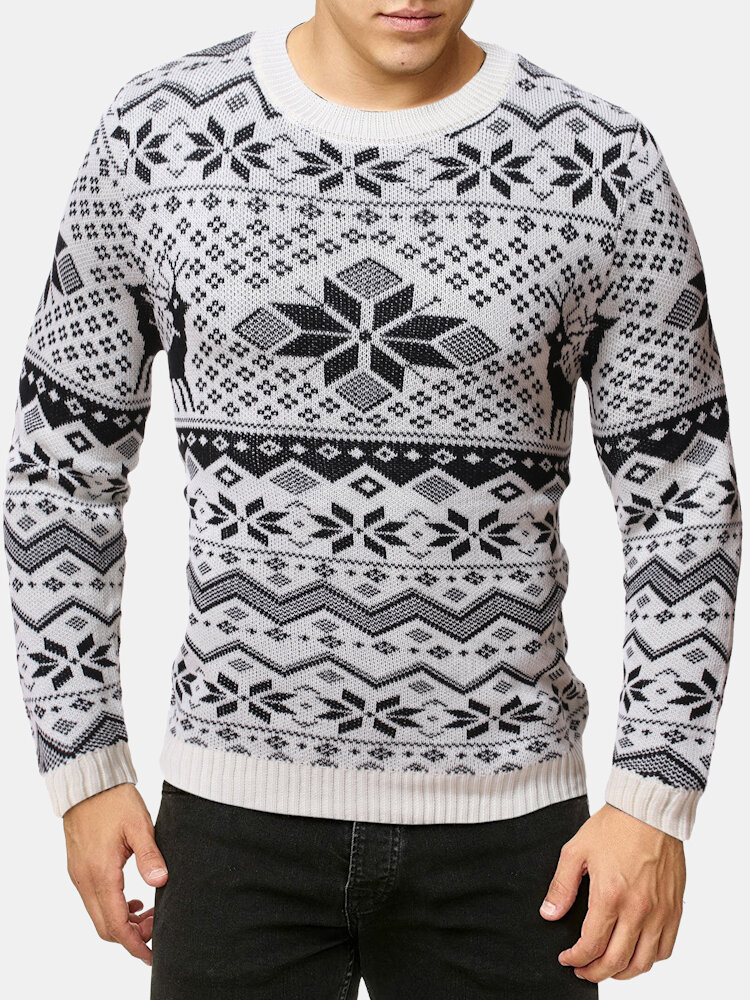 Mens Christmas Snowflake Pattern Knit Cotton Crew Neck Slim Fit Sweaters