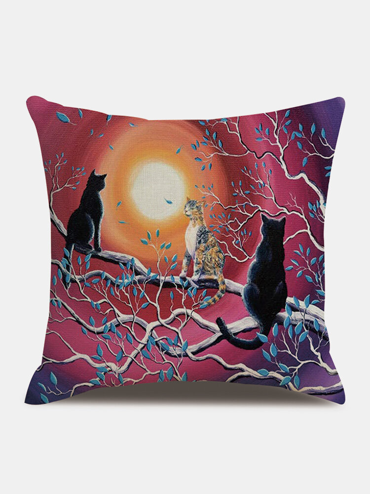 

Cats In The Moonlight Pattern Linen Cushion Cover Home Sofa Art Decor Throw Pillowcase, #01;#02;#03