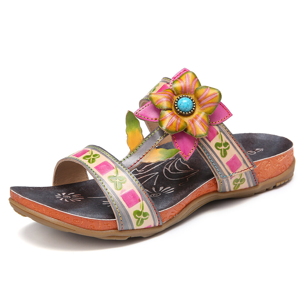 Handmade Leather Floral Adjustable Strap Slip on Slides Non-slip Flat Sandals