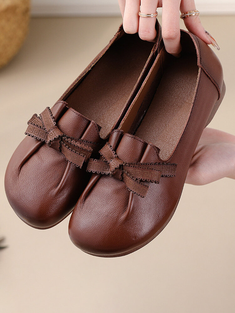 Socofy Leather Vintage Bow Pleated Soft Sole Non-Slip Casual Flats