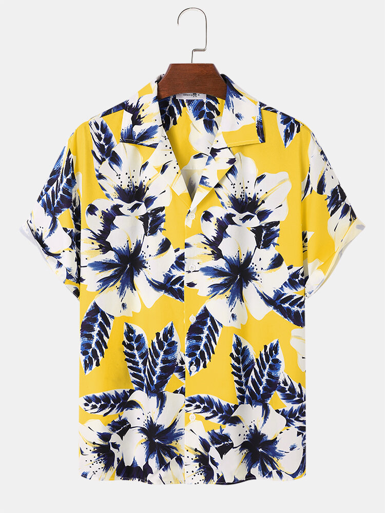 Mens Flower Print Revere Collar Holiday Short Sleeve Shirts