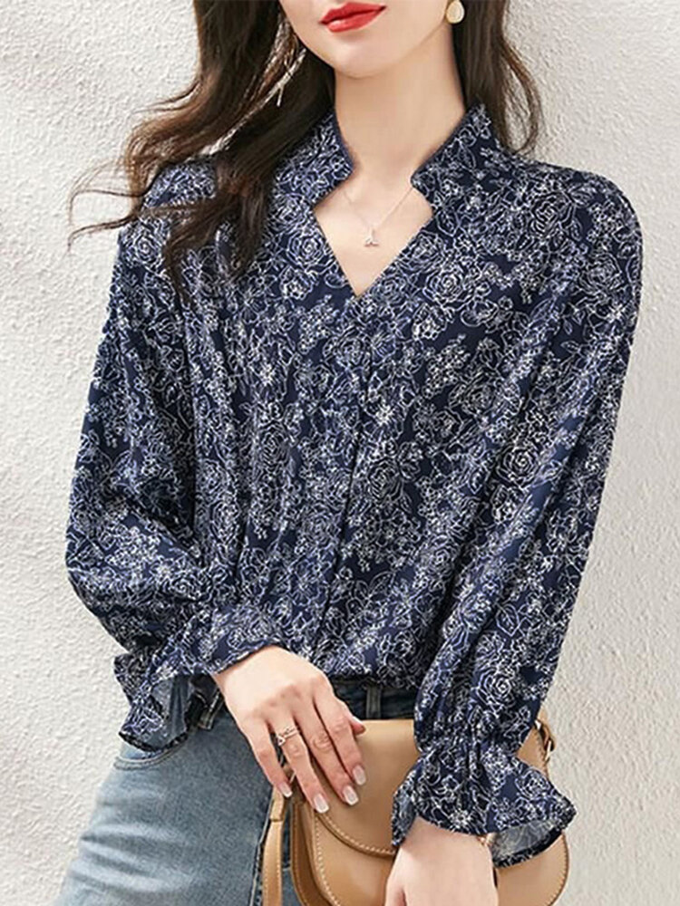 Floral Print Ruffle Long Sleeve Casual V Neck Blouse