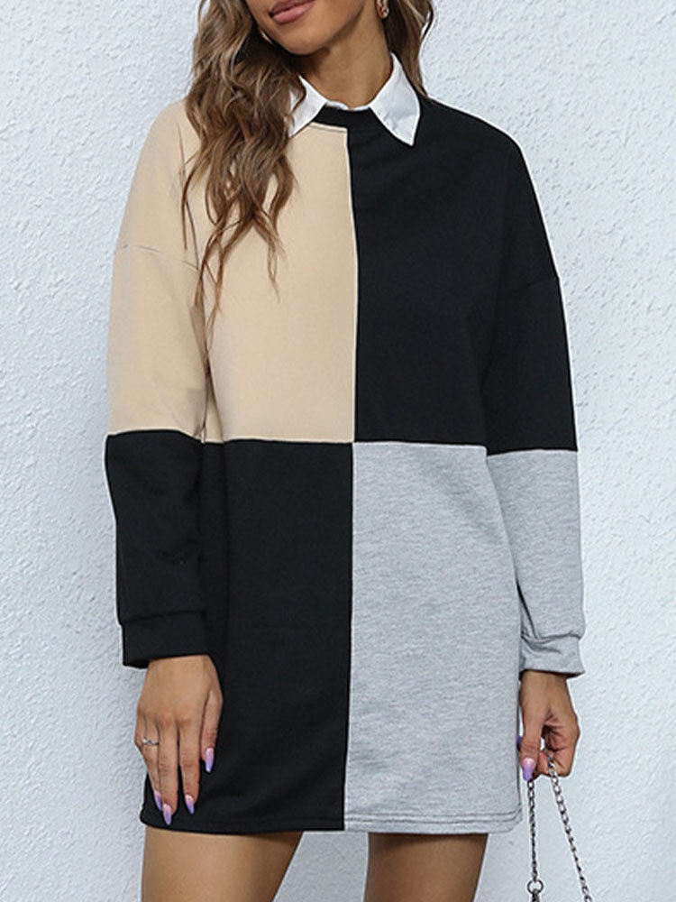 Contrast Color Long Sleeve O-neck Casual Sweatshirt Dress