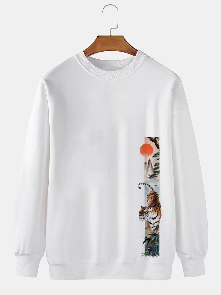 Mens Chinese Tiger Landscape Graphic Crew Neck Pullover Sweatshirts Winter