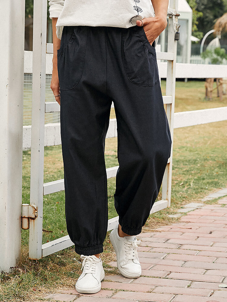 Solid Color Pocket Loose Casual Sport Pants For Women
