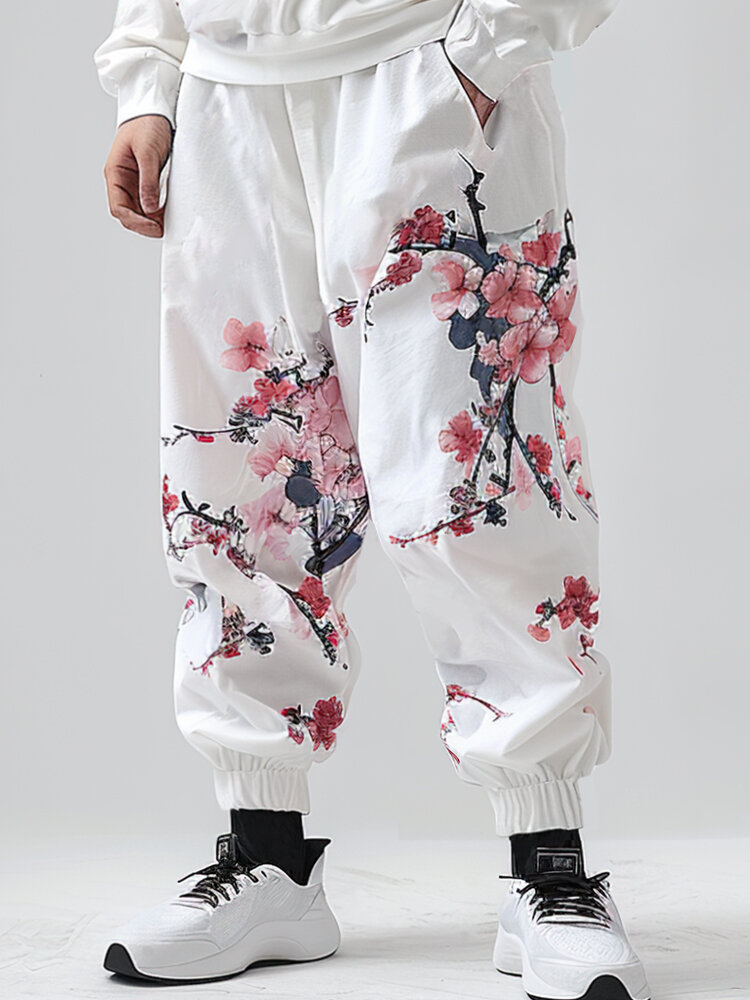 

Mens Japanese Cherry Blossom Print Elastic Cuff Loose Drawstring Waist Pants, White