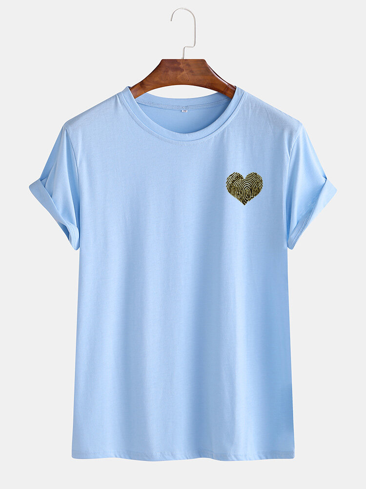 Mens Small Heart Pattern Print Casual O-Neck Loose T-Shirts