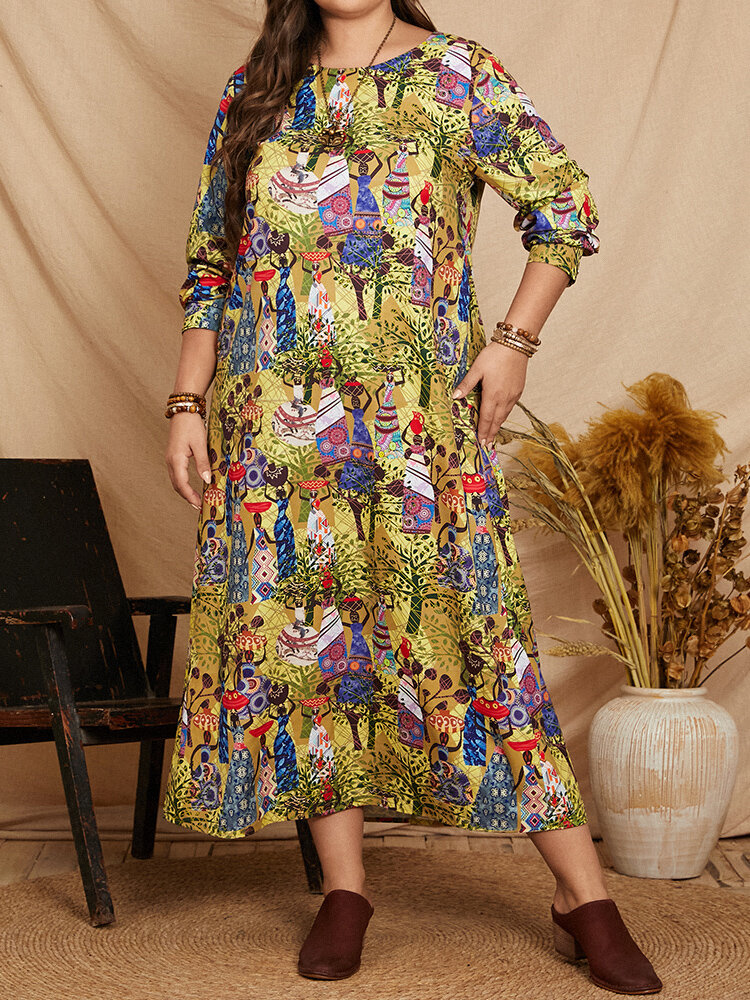 Plus Size Vintage Ethnic Pattern O-neck Pocket Print Dress