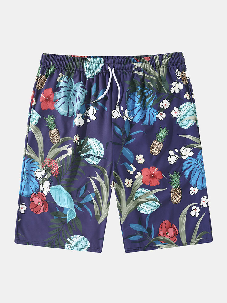 Mens Tropical Plants Print Holiday Loose Drawstring Shorts