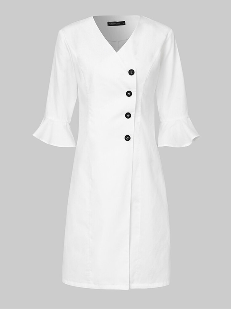 Casual V-neck Bell Sleeve Plus Size Button Dress for Women