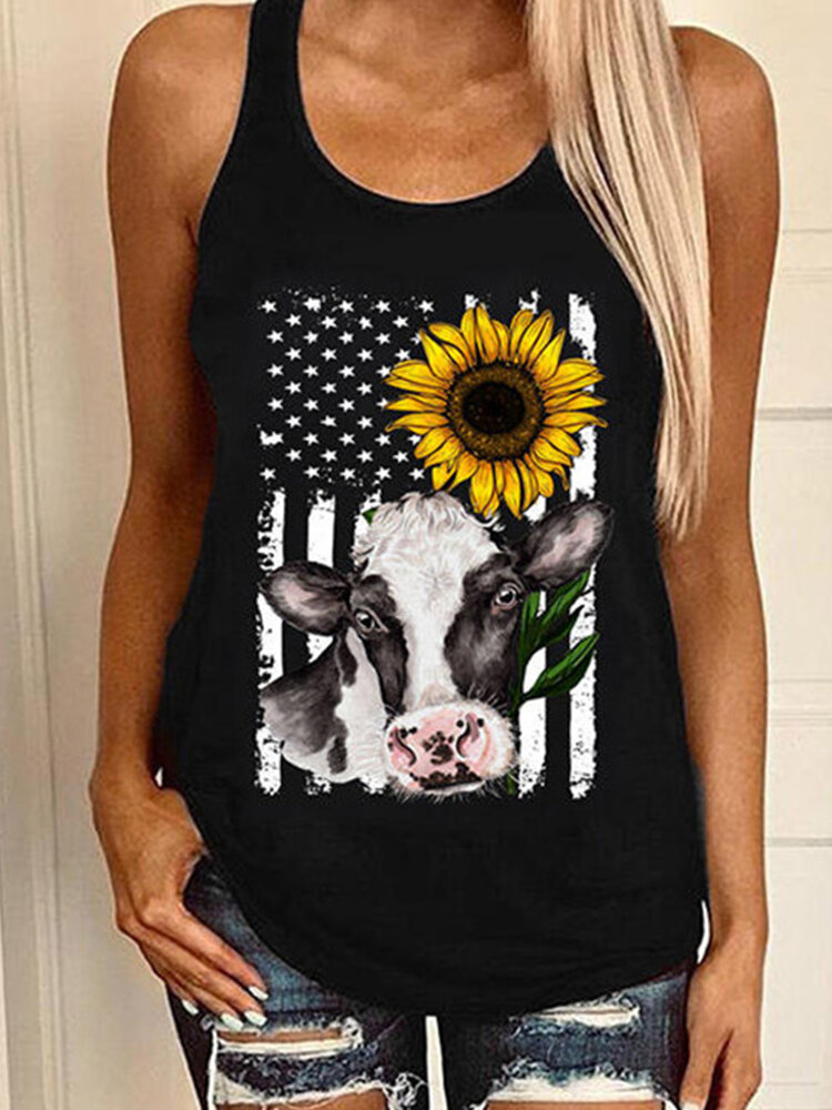 Striped Sunflower Print O-neck Casual Tank Top for Women