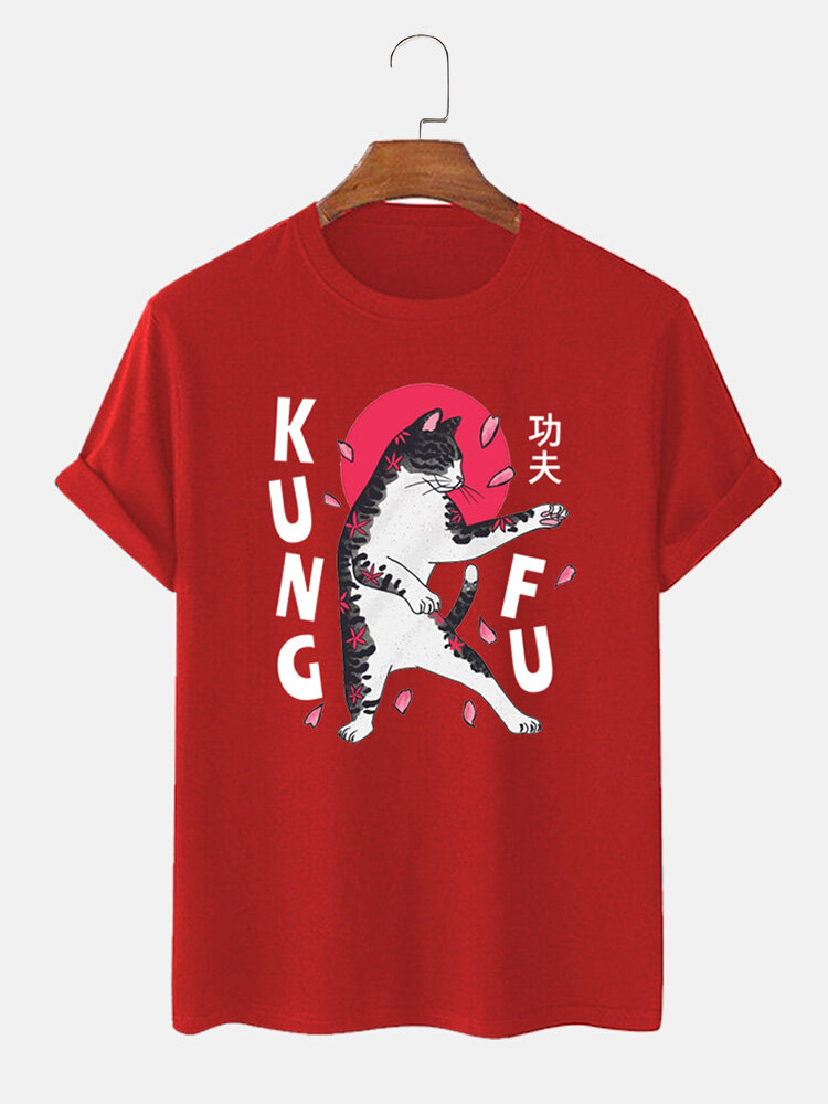 Mens Japanese Kung Fu Cat Print Crew Neck Short Sleeve T-Shirts Winter