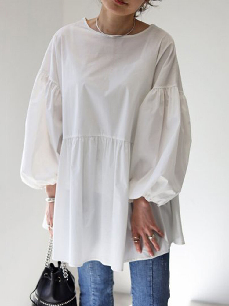 Solid Loose Puff Long Sleeves Crew Neck Blouse For Women