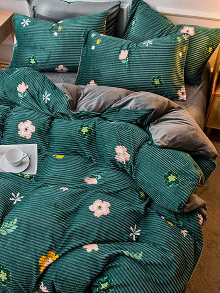 

4 Pcs AB Sided Floral Overlay Print Velvet Comfy Bedding Set Sheet Duvet Cover Pillowcase