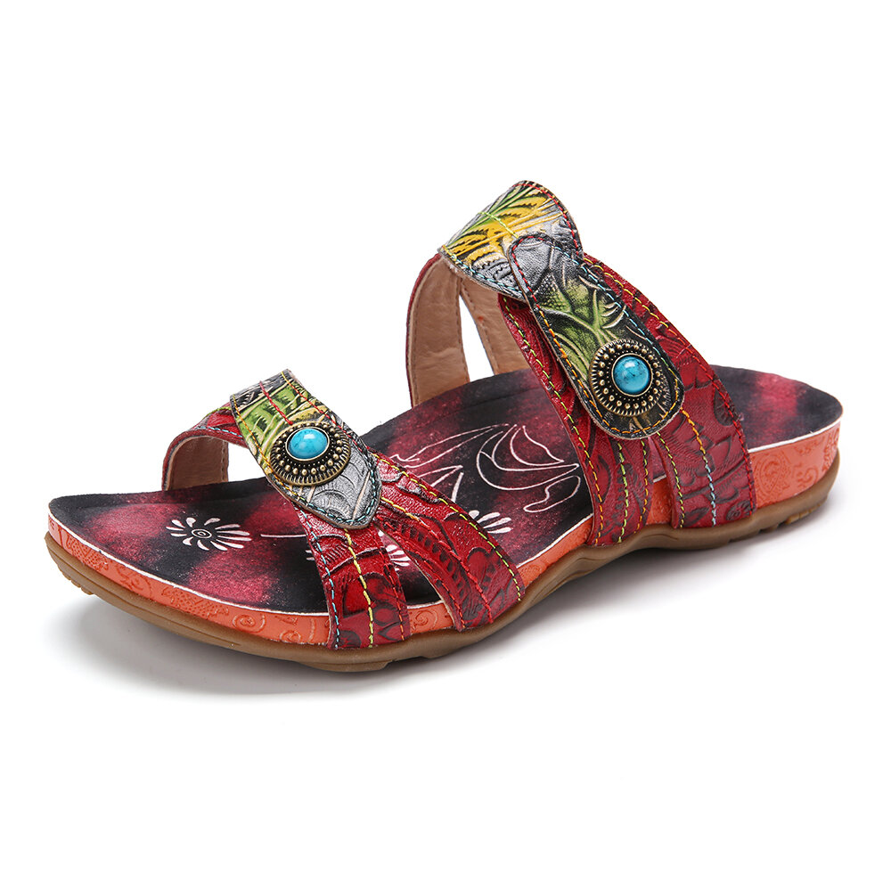 Leather Beaded Floral Tie-dyed Adjustable Strap Non-Slip Flat Sandals