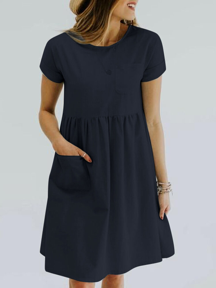 Solid Pocket Ruched Roll Short Sleeve Casual Midi Dress
