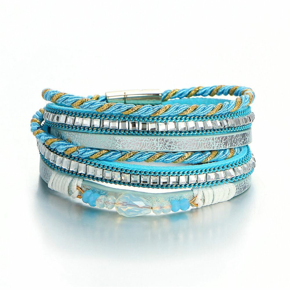 

Bohemian Multilayer Bracelets Crystal Beads Braided Rope Chain Bracelet Ethnic Jewelry for Women, Blue
