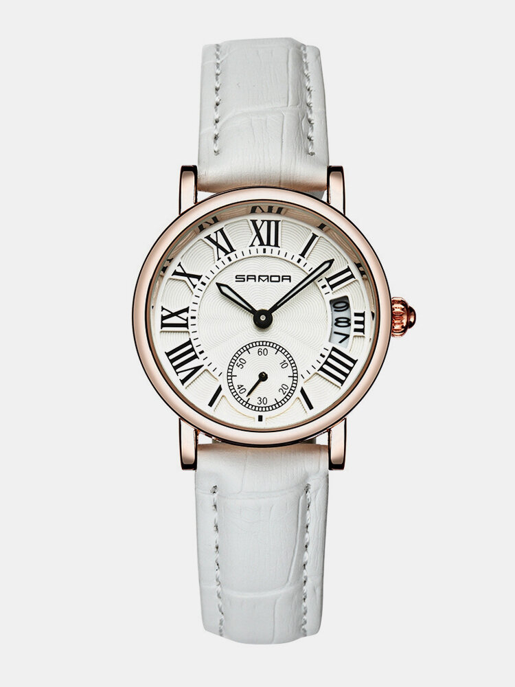 女性のためのトレンディなクォーツ時計ラウンドダイヤルローマ数字シンプルな革バンド時計