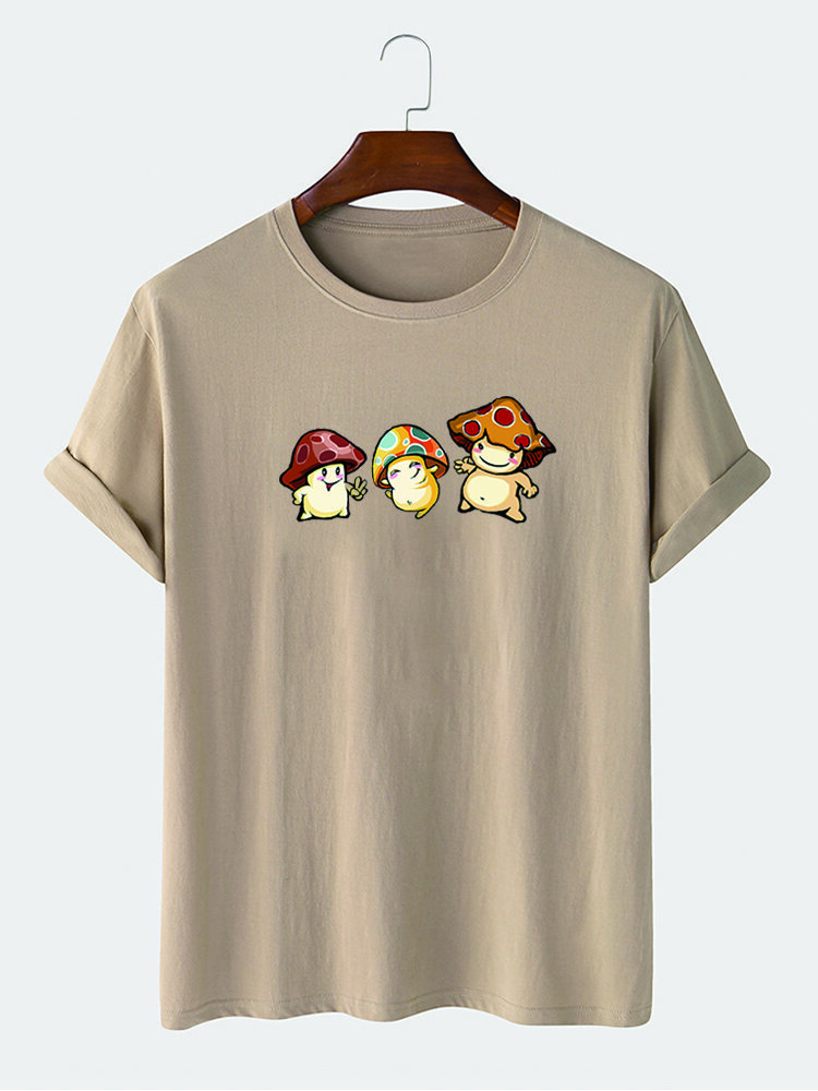 Mens 100% Cotton Cartoon Mushroom Print Short Sleeve T-Shirt