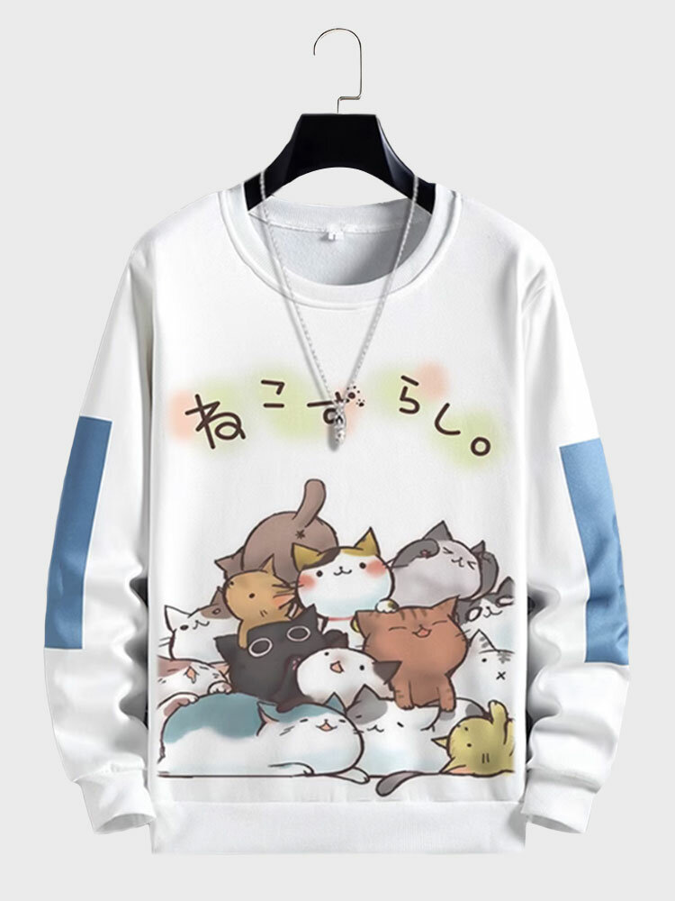 Mens Cartoon Japanese Cat Print Crew Neck Pullover Sweatshirts Winter