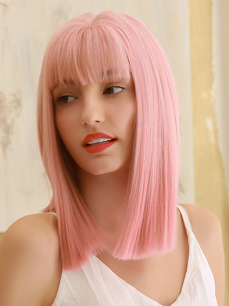 18 Inch Pink Medium Long Straight Hair Bangs Natural Vertical Heat Resistant Fiber Wig