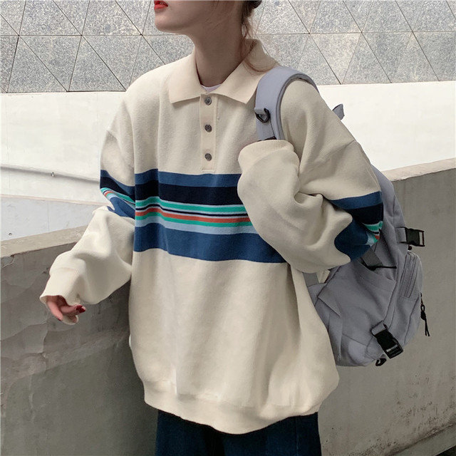 Season New Contrast Color Collar Striped Sweater Worthy Of Being Loved