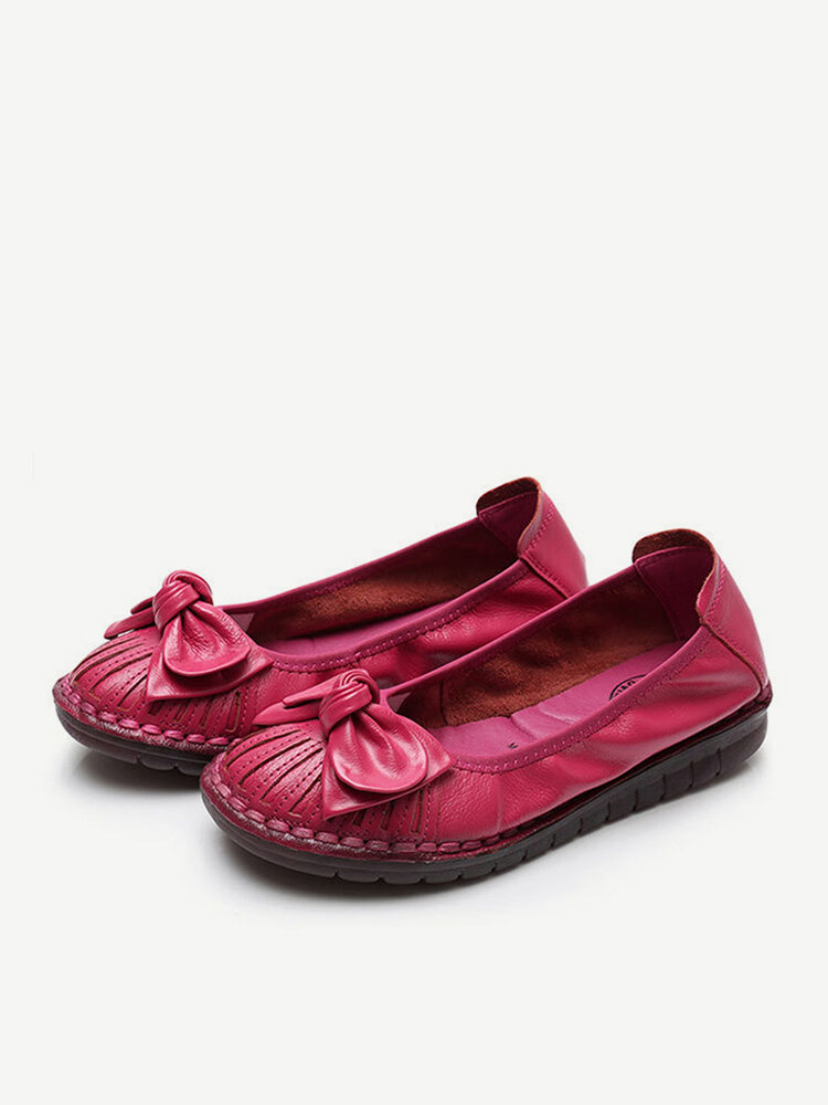 Women Bowknot Genuine Leather Soft Sole Bowknot Casual Flat Shoes