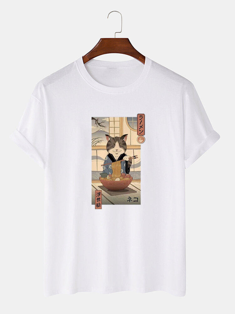Mens Japanese Noodle Cat Graphic Short Sleeve Cotton T-Shirts