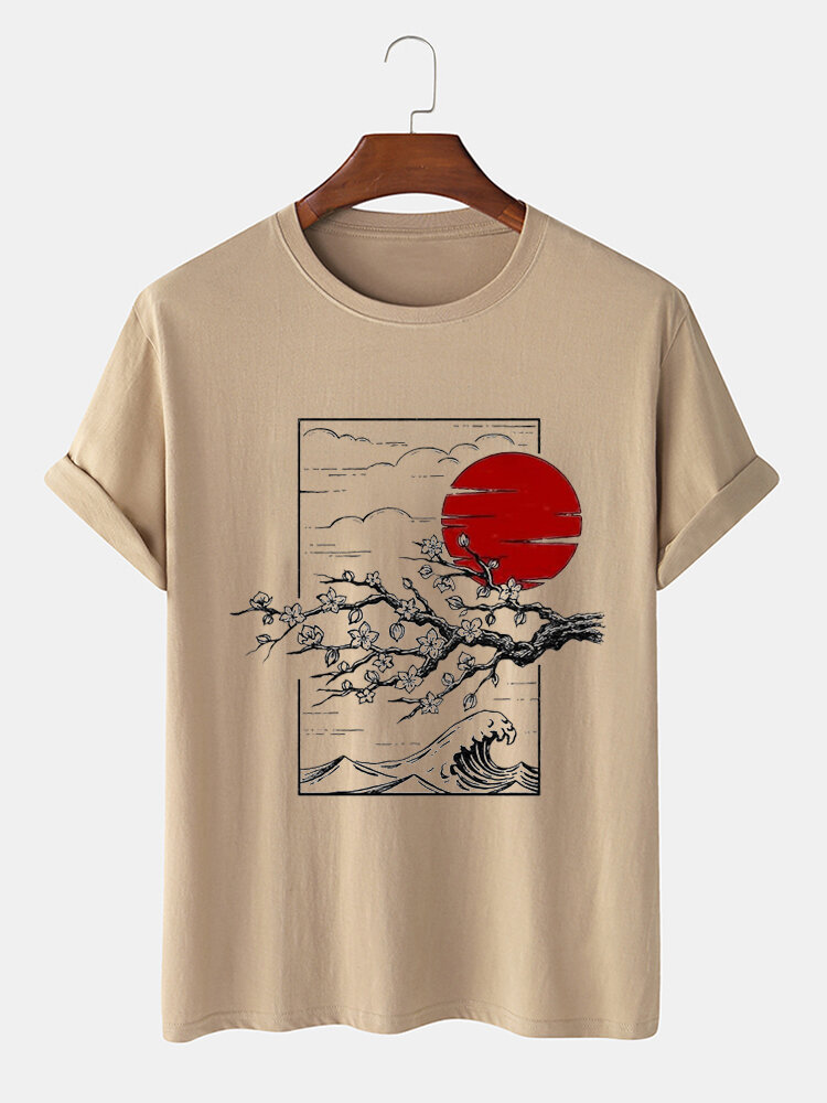 Mens Japanese Floral Landscape Graphic Crew Neck Short Sleeve T-Shirts Winter