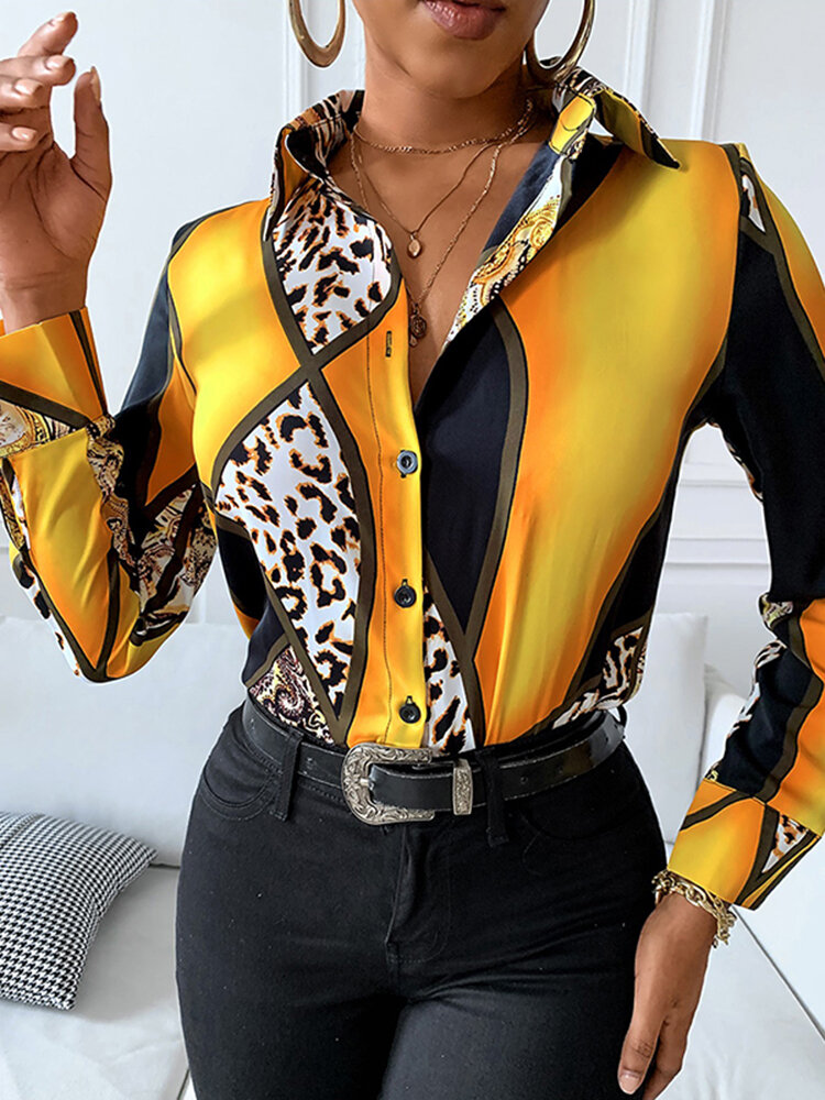 Contrast Color Leopard Print Long Sleeve Lapel Button Shirt