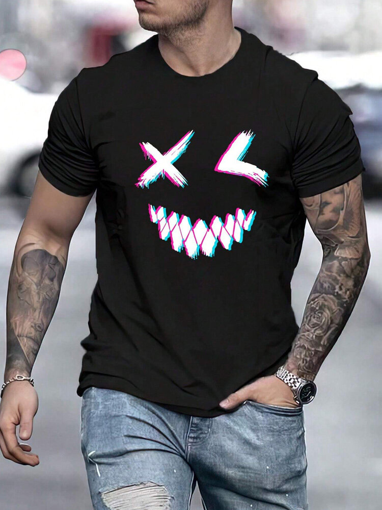 Mens Colorful Smile Print Crew Neck Short Sleeve T-Shirts