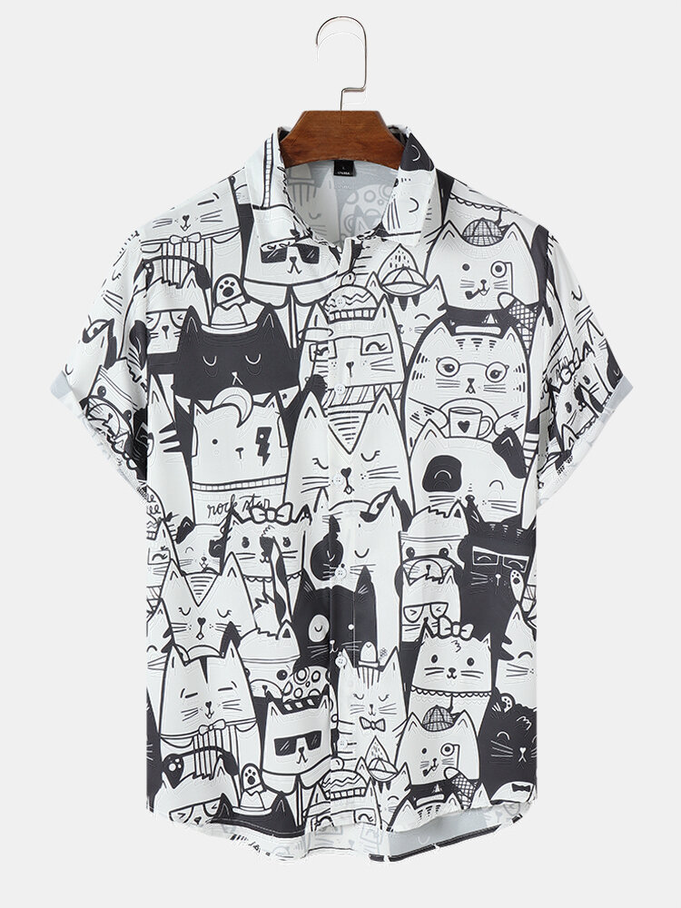 Mens Cartoon Cute Cat Graphic Short Sleeve Comfy Shirts