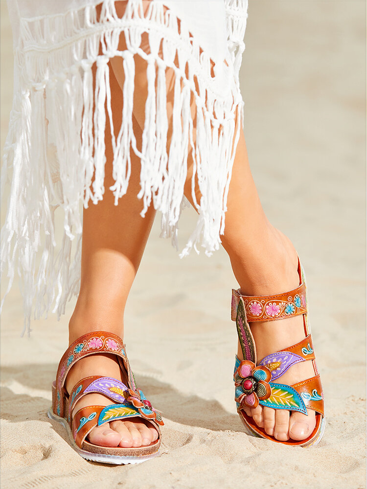 Socofy Genuine Leather Comfy Beach Vacation Bohemian Ethnic Flower & Leaf Outdoor Wedges Slippers