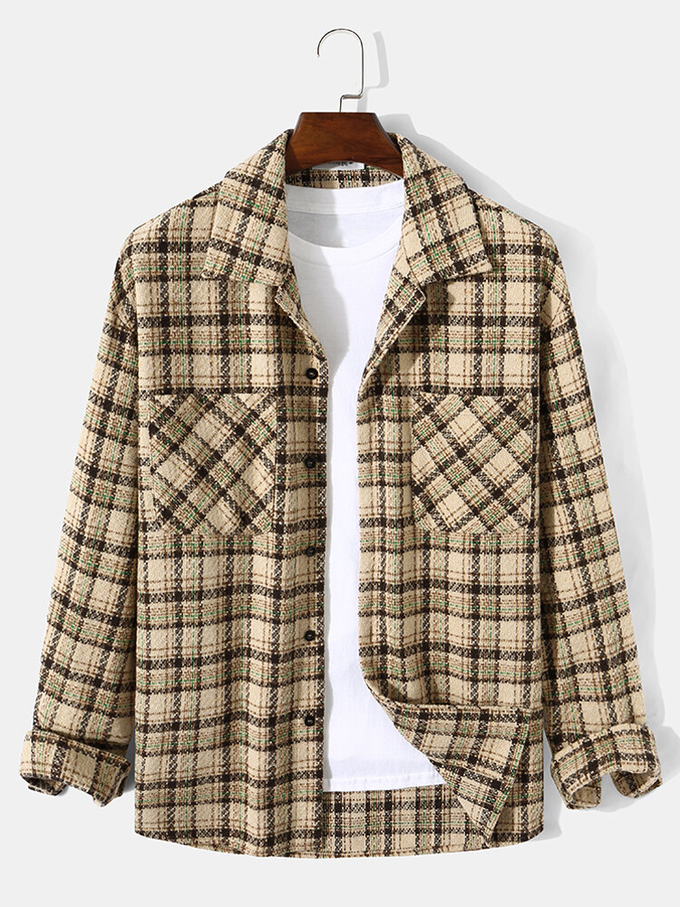 Mens Plaid Printed Double Pocket Buttons Long Sleeve Jackets