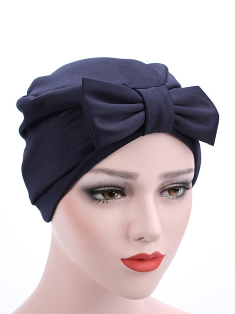 Women Satin Solid Color Big Bowknot Muslim Beanie Hat Four Seasons Suitable Casual Turban Cap
