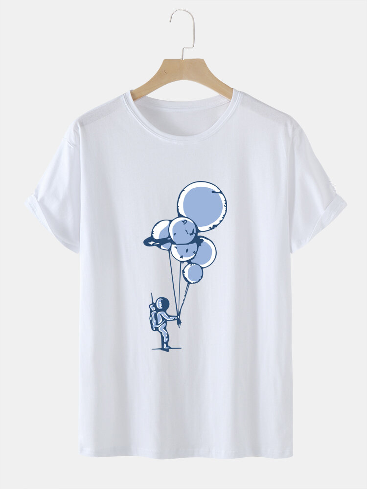 

Mens 100% Cotton Balloon Astronaut Print Short Sleeve T-Shirts, Black;white;dark gray;green;apricot;gray;blue