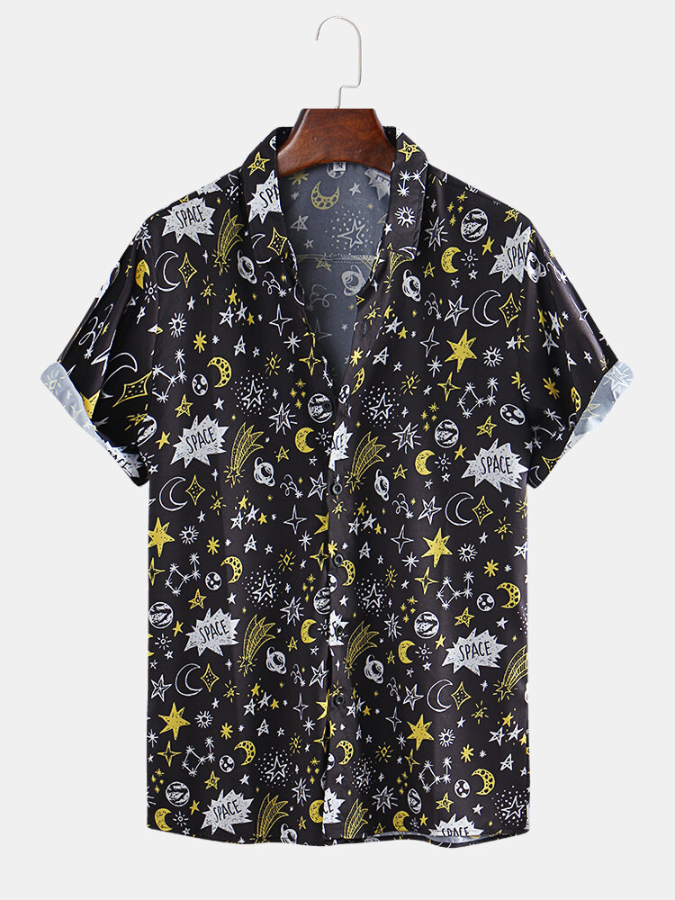 Mens Funny Mystery Moon Starts Galaxy Print Short Sleeve Shirts