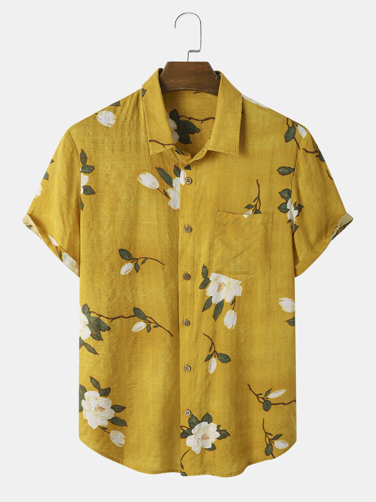 Camisas masculinas de manga curta com estampa de flores e bolso