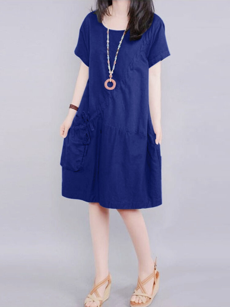 Einfarbige Tasche mit kurzen Ärmeln und Rundhalsausschnitt Vintage Kleid