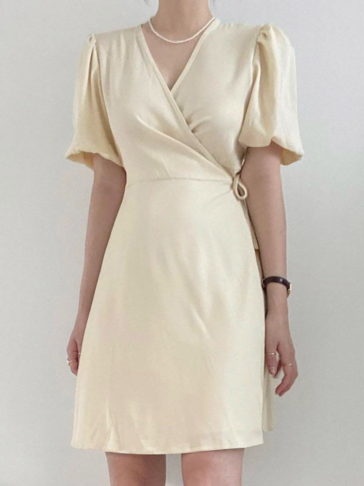 Solid Wrap V-neck Tie Side Short Sleeve A-line Dress