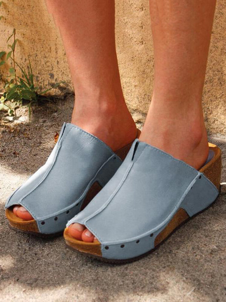 Plus Size Women Solid Color Peep Toe Wedges Heel Slippers