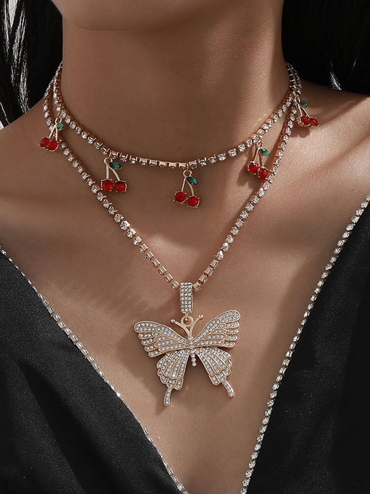 Alloy Wind Claw Chain Cherry Ins Diamond Butterfly Necklace