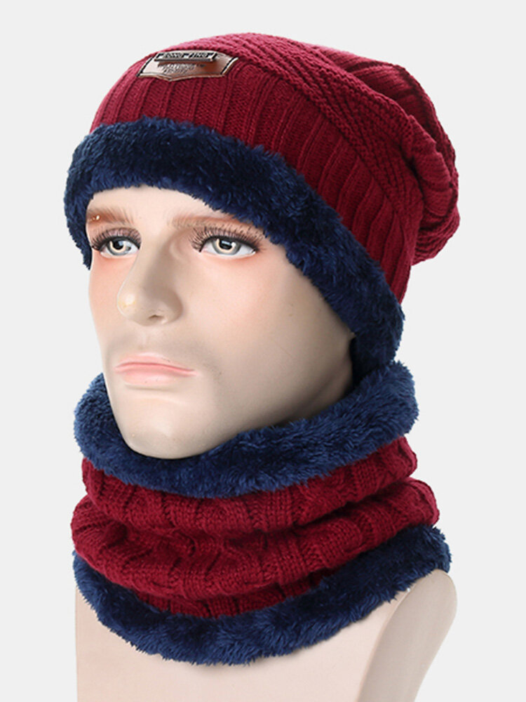 Men Knitted Slouch Beanie Hat Scarf Set Lining Coral Fleece Double Layers Warm Ski Outdoor Cap
