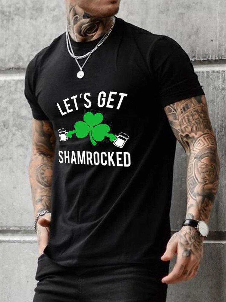 Mens Clover Slogan Print Crew Neck St Patrick's Day Short Sleeve T-Shirts Winter