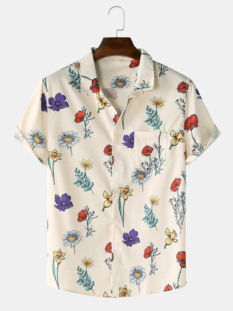 Mens Multiple Flower Print Lapel Short Sleeve Shirt With Pocket